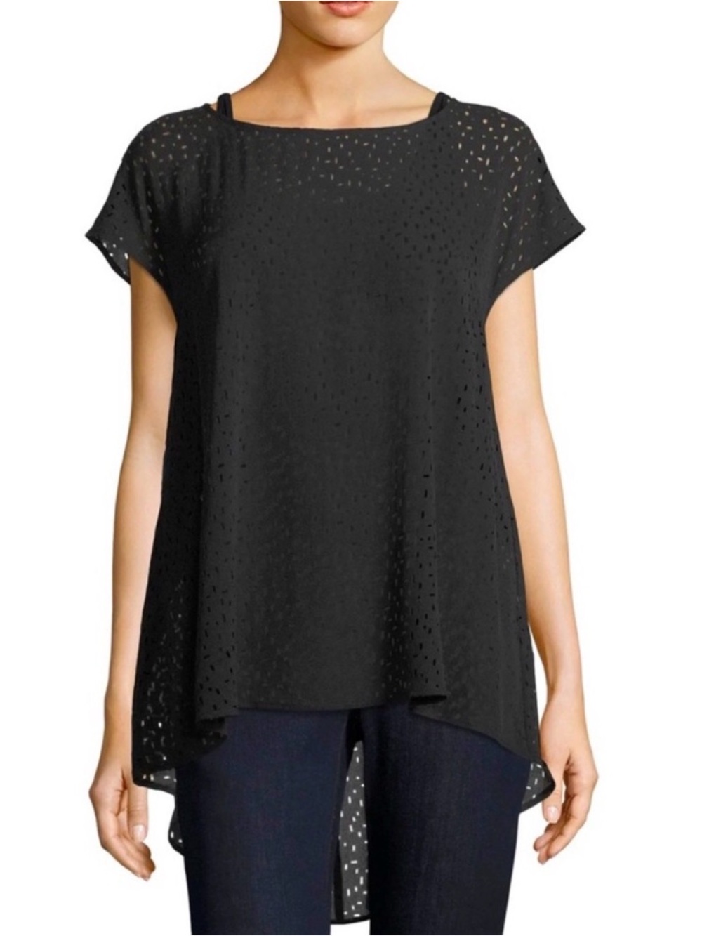 Eileen Fisher Black Silk Confetti Laser Short Sleeve Tunic